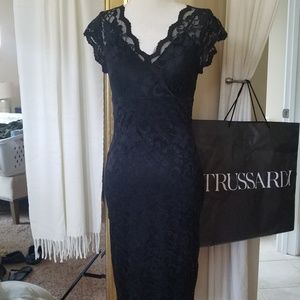 MARINA BLACK LACE CAP SLEEVE EVENING DRESS